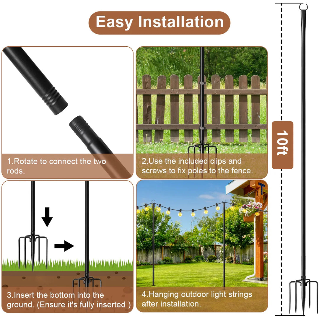 4 Pack 10ft String Light Pole for Deck, Metal String Light Pole for Outdoor Hanging,  (only string light pole)