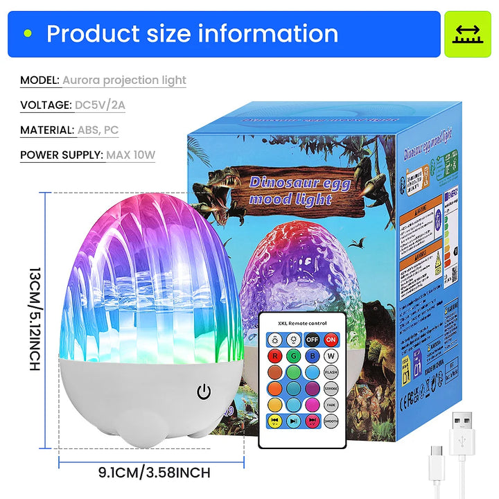 2-in-1 Music Player & Nebula Projector Desk Lamp - Dinosaur Egg Design Colorful LED Light Show With Water Ripple Effect, Remote