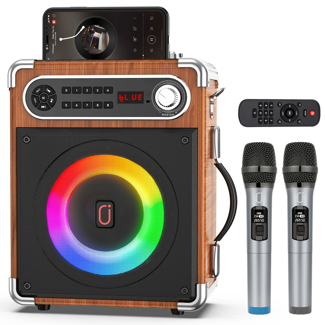 Karaoke Machine with 2 Wireless Microphones,Portable Bluetooth Speaker with Bass/Treble Adjustment,PA System with Remote Control