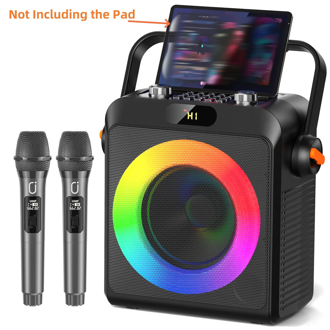 2 Wireless Microphones T19-T Karaoke Machine | Black Karaoke Speaker With Treble/Bass Adjustment, Wireless Speaker PA System
