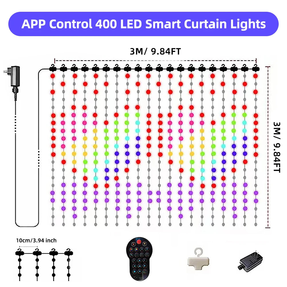 Smart Curtain Lights, 9.8 X 9.8Ft LED Curtain Lights, 400LEDs RGB Color Changing APP Programmable DIY Music-Sync String Light