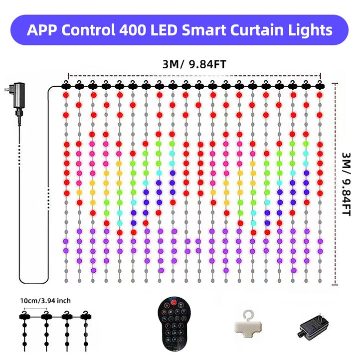 Smart Curtain Lights, 9.8 X 9.8Ft LED Curtain Lights, 400LEDs RGB Color Changing APP Programmable DIY Music-Sync String Light