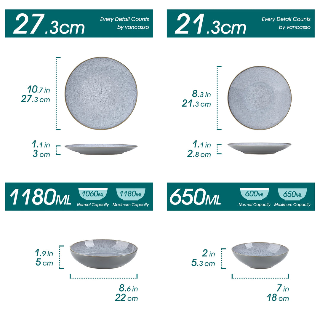 VANCASSO KARST 16/32/48 Piece Embossed Stoneware Tableware Set with Dinner/Dessert Plate/Soup Bowl/Mug Service for 4/8/12 Person