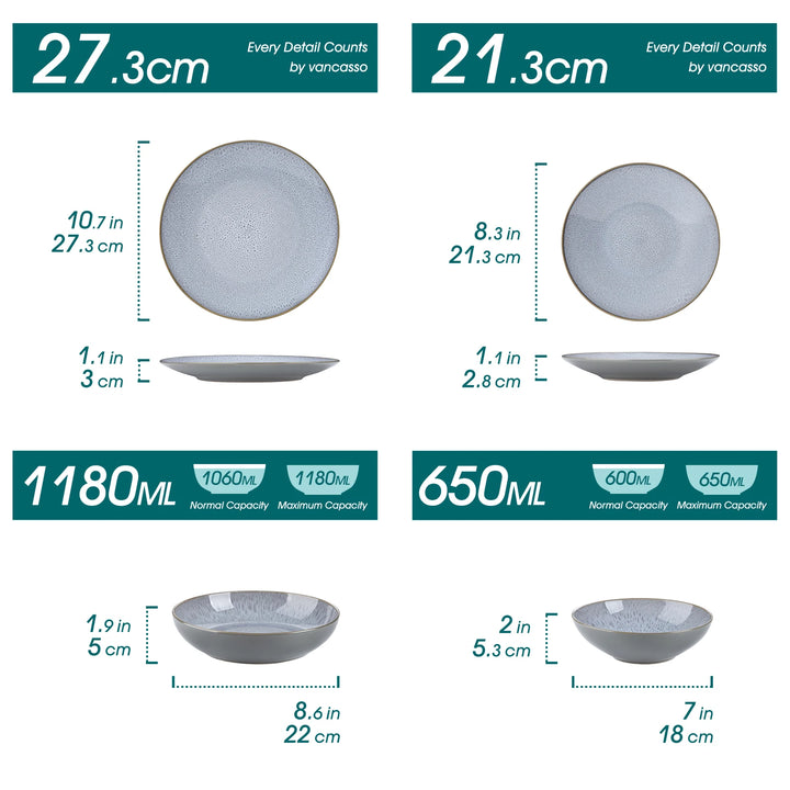 VANCASSO KARST 16/32/48 Piece Embossed Stoneware Tableware Set with Dinner/Dessert Plate/Soup Bowl/Mug Service for 4/8/12 Person