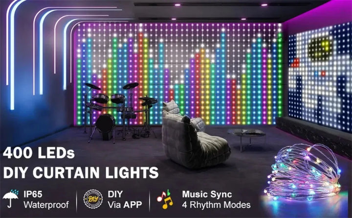400LEDs Smart LED Curtain Lights USB Dynamic Pattern DIY Curtain String Light with App Remote for Christmas Halloween 2*2m/3*3m
