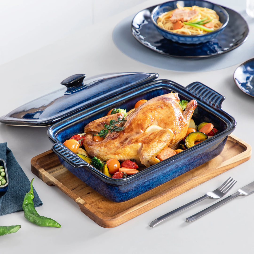 Vancasso Starry 3.8/1.9 Quart Blue Casserole Baking Dish Large Lasagna Pan with Lid Stoneware Casserole with Lid Microwave