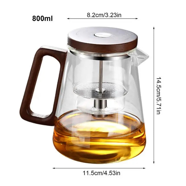 800ML Teapot with Strainer Loose Tea Steeper Tea Glass with Press Control Infuser Wooden Handle Teapot