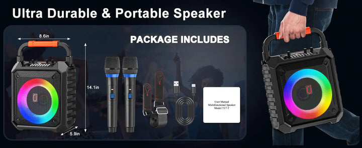 JYX Wireless Speaker, Portable Bluetooth Speaker with Wired Microphone, Home Karaoke Speaker System, LED Party Light