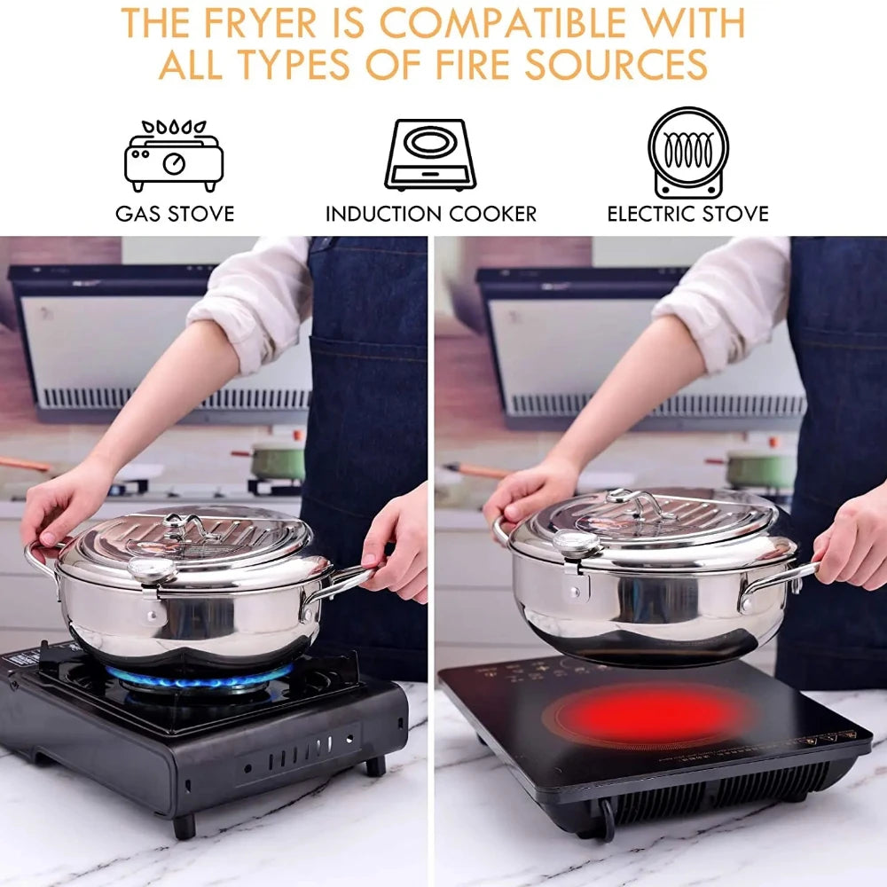 304 Stainless Steel Deep Fryer Pan with Thermometer Kitchen Tempura Deep Fryer Pot for Chicken French Fries Fish Shrimp