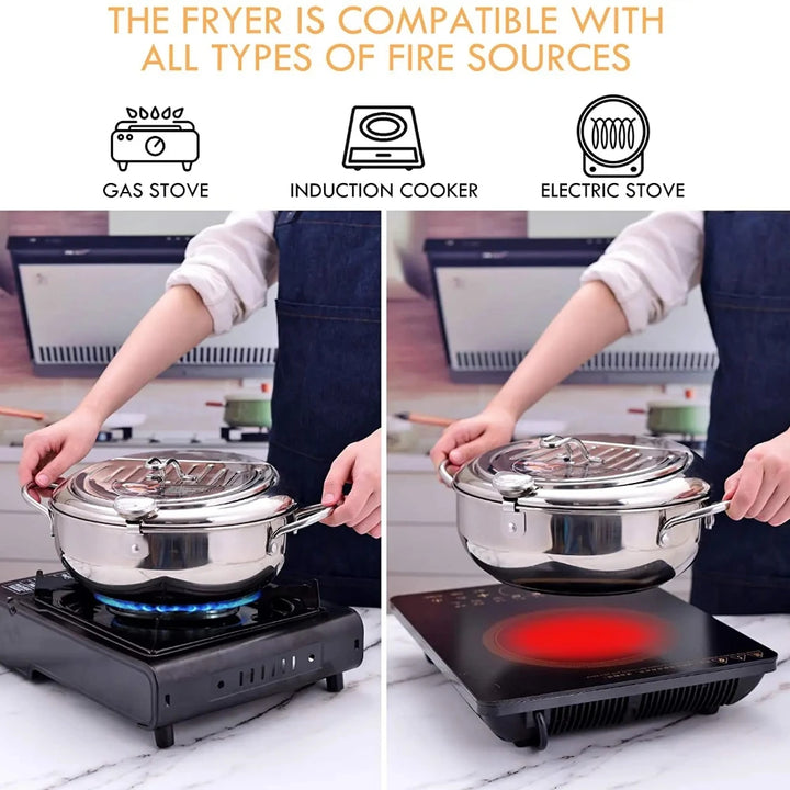 304 Stainless Steel Deep Fryer Pan with Thermometer Kitchen Tempura Deep Fryer Pot for Chicken French Fries Fish Shrimp