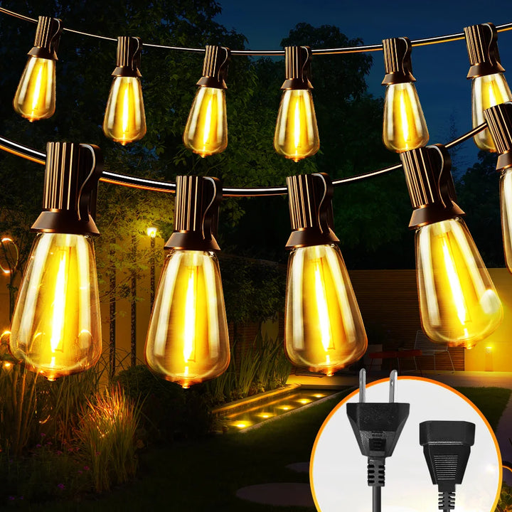 ST38 LED Outdoor Patio String Lights With US Plug, Shatterproof Bulb, Waterproof Hanging Lamp Connectable for Porch, Backyard