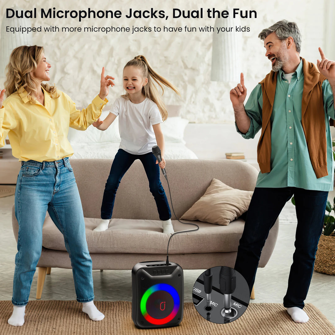 Wireless Speaker, Portable Bluetooth Speaker with Wired Microphone, Home Karaoke Speaker System, LED Party Light