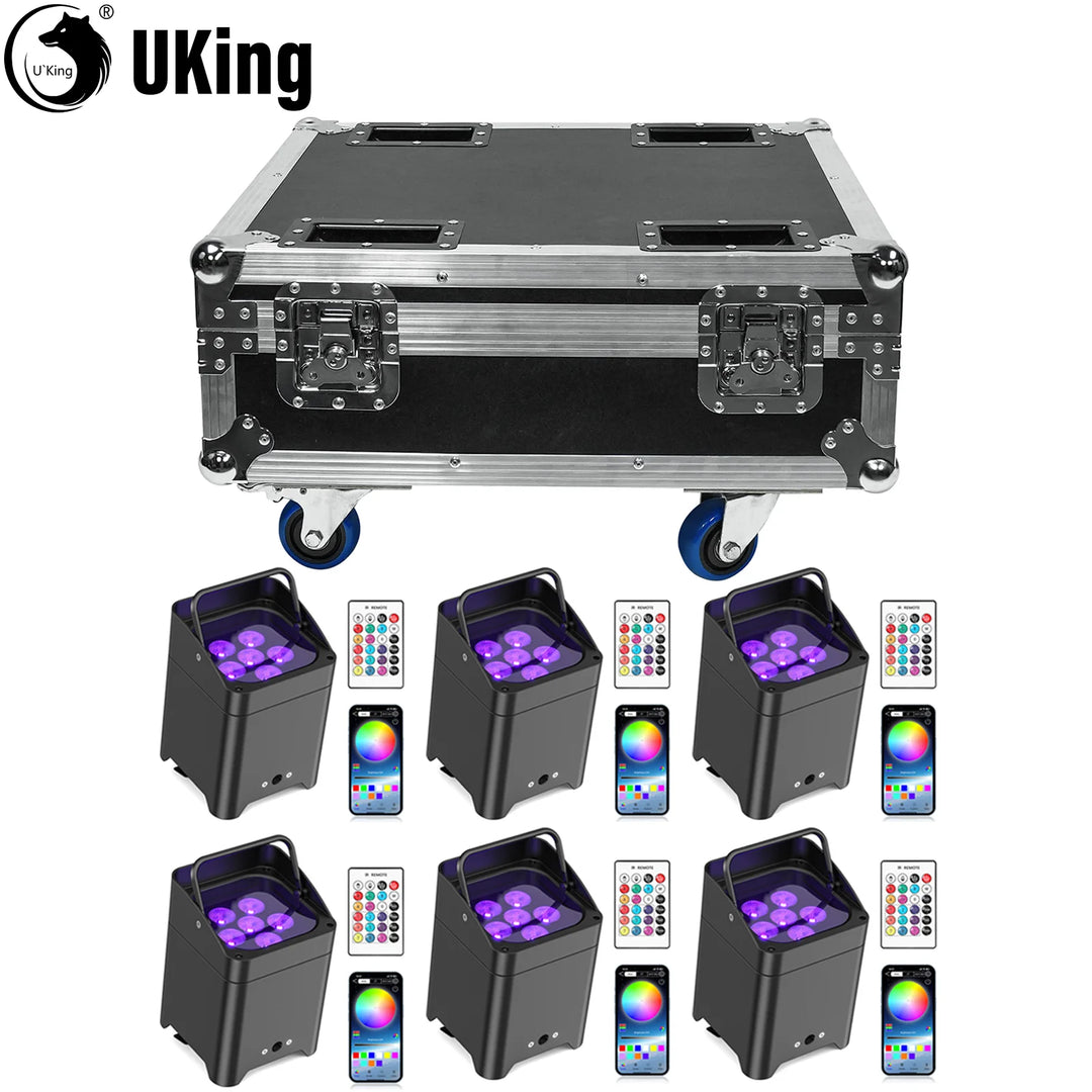 U'King 6Pcs 6X18W LED RGBWA+UV Rechargeable Battery Par Lights With Rechargeable Flightcase Set For DJ Disco Wedding Party Bar