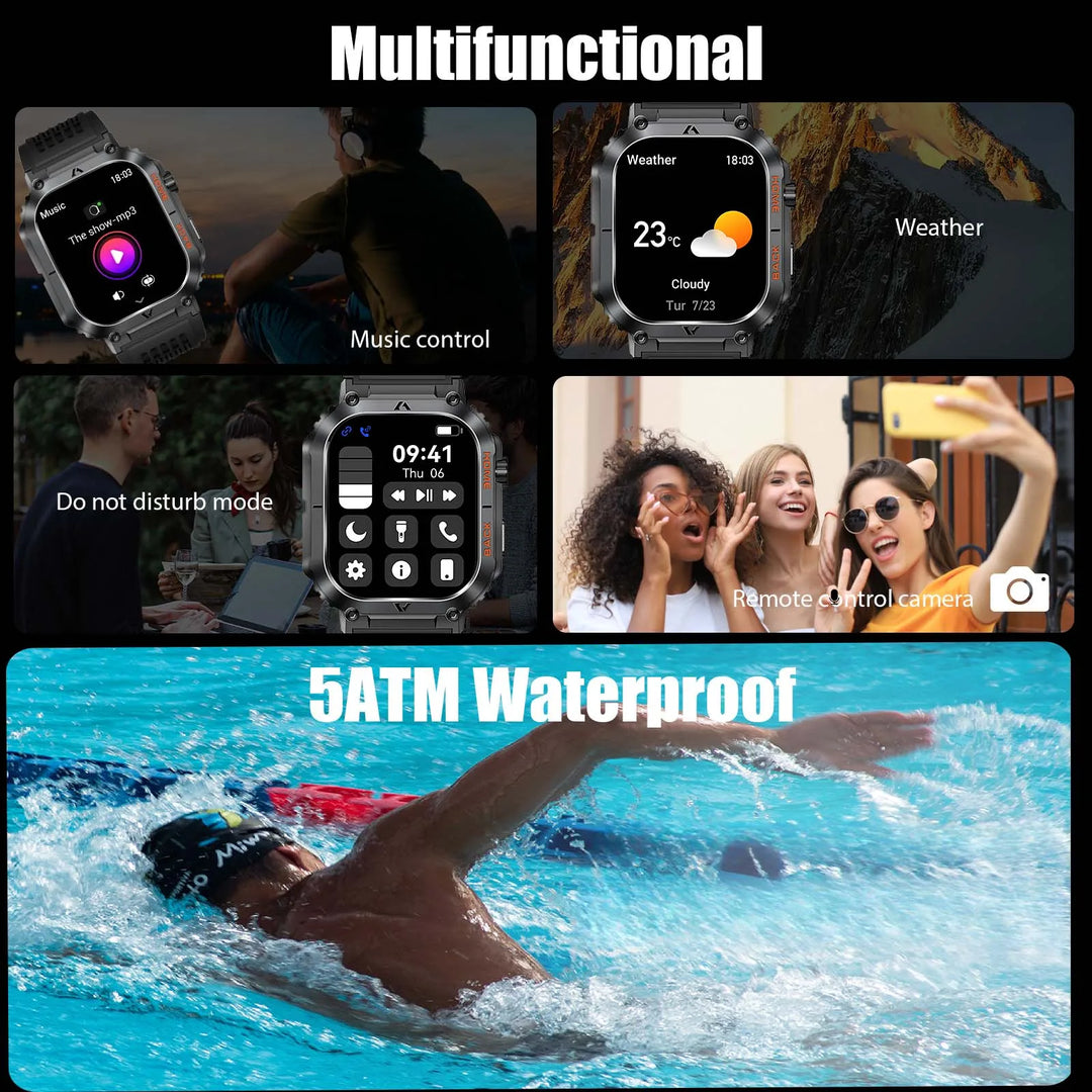 EIGIIS New 5ATM Waterproof Men Military Watch Heart Rate Blood Pressure Blood Oxygen 2.02'' TFT HD With Compass 100+ Sports Mode