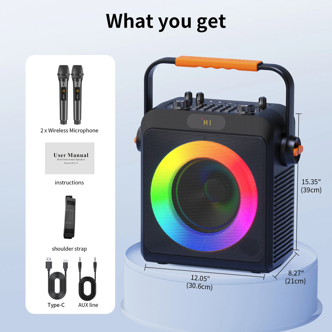 2 Wireless Microphones T19-T Karaoke Machine | Black Karaoke Speaker With Treble/Bass Adjustment, Wireless Speaker PA System