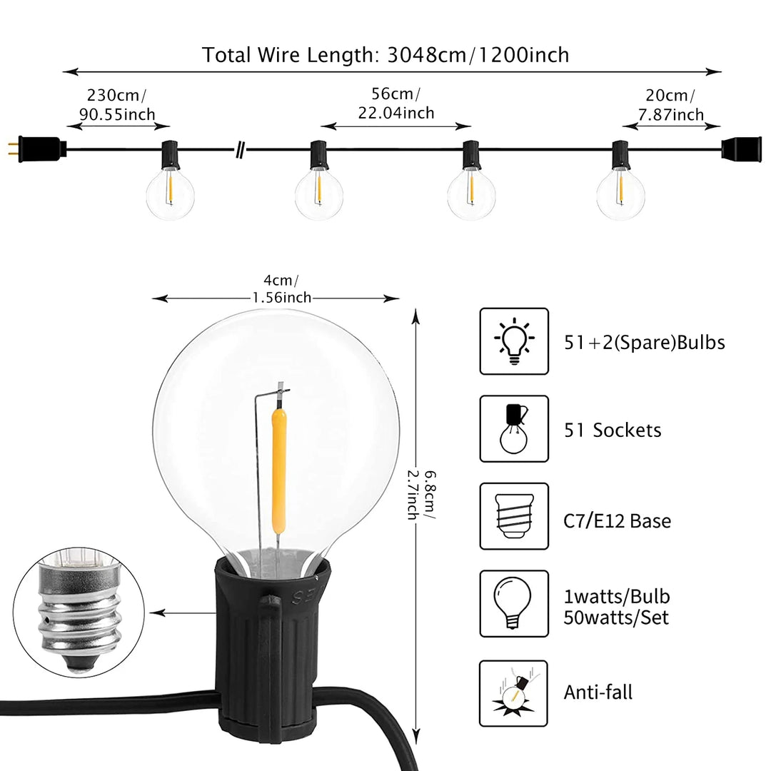 LED G40 Globe String Lights With US Plug, E12 Base, Waterproof Shatterproof Outdoor Hanging Patio Lamps for Backyard Porch
