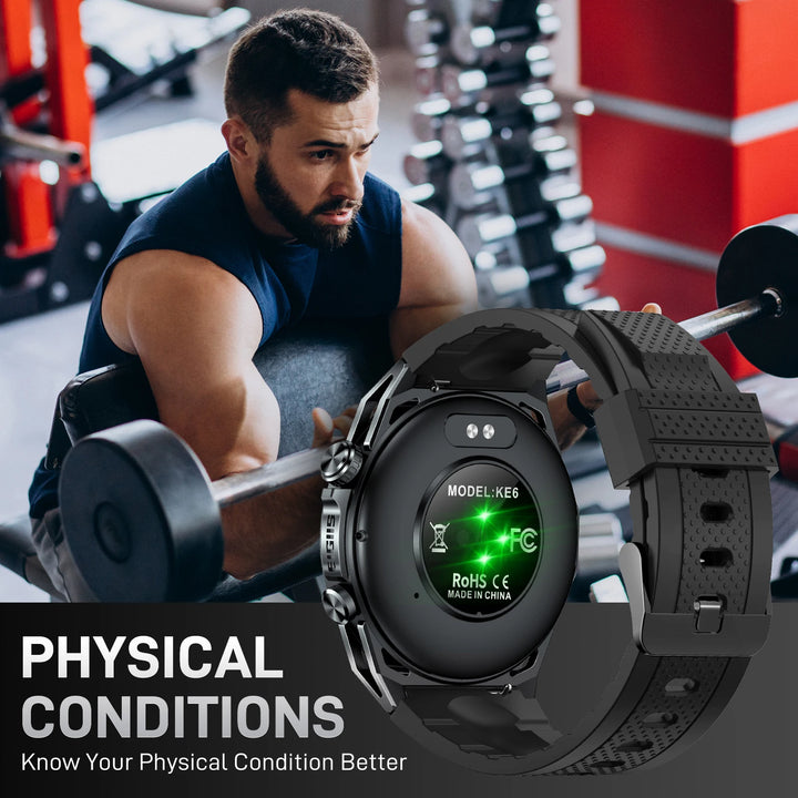 LaNikar New KE6 Smart Watch 1.43" AMOLED Display Men Black Sports Watch KE Series Bluetooth Call Health Monitor IP68 Waterproof