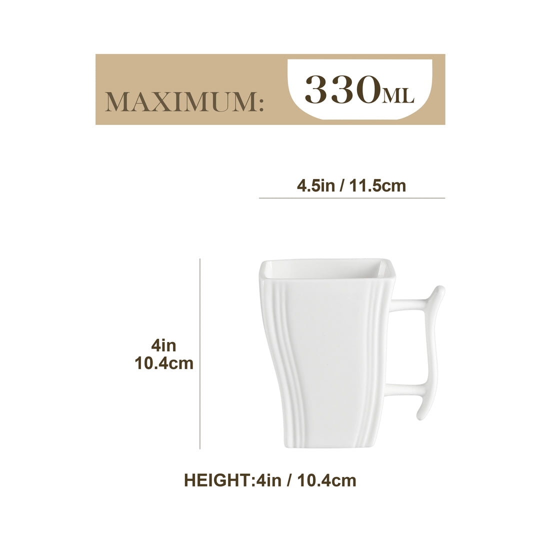 MALACASA, Series Flora, 6-Piece 11.5 OZ Ivory White Porcelain Cups 4.5" China Ceramic Cream White Square Mugs