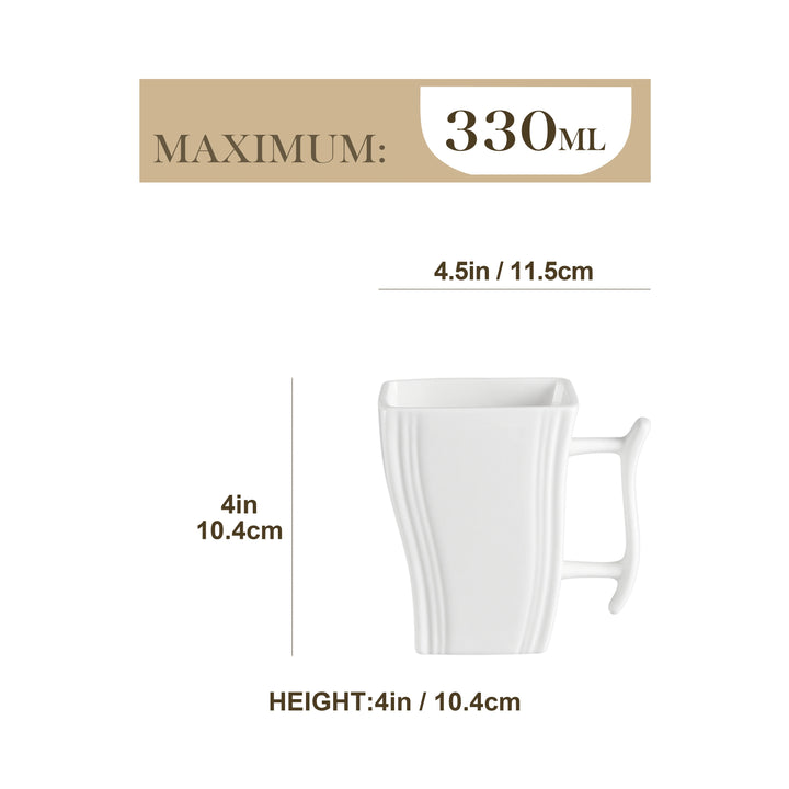 MALACASA, Series Flora, 6-Piece 11.5 OZ Ivory White Porcelain Cups 4.5" China Ceramic Cream White Square Mugs