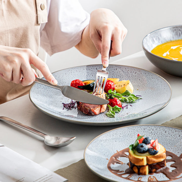 VANCASSO KARST 16/32/48 Piece Embossed Stoneware Tableware Set with Dinner/Dessert Plate/Soup Bowl/Mug Service for 4/8/12 Person
