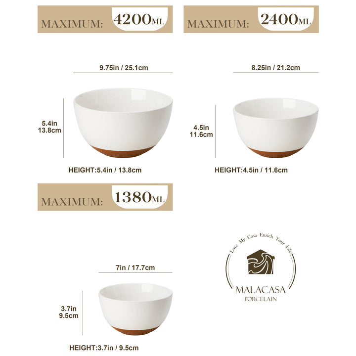 MALACASA 3/6 Piece Ceramic Large Mixing Bowls Stoneware Large Serving Bowls for Cooking Baking/Salad/Soup/Pasta/Nesting Bowls