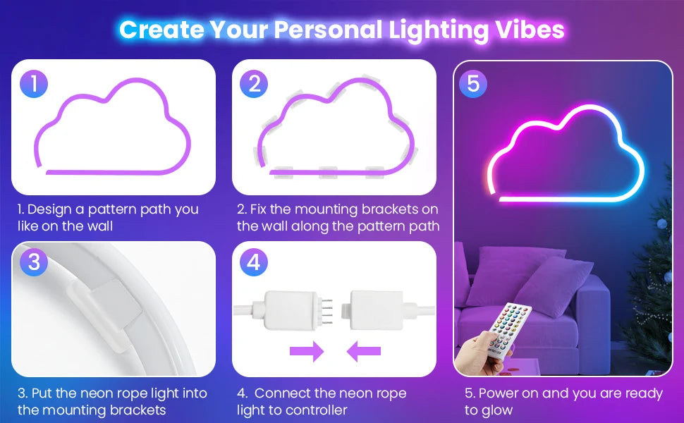 Neon LED Rope Lights,  LED Lights For Bedroom Flexible LED Light Strip With Remote And APP Control RGB Lighting Strip