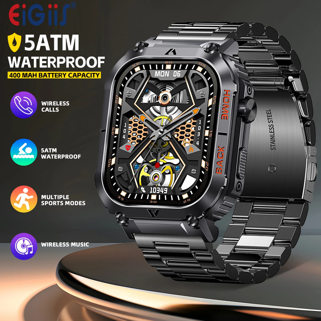 EIGIIS New 5ATM Waterproof Men Military Watch Heart Rate Blood Pressure Blood Oxygen 2.02'' TFT HD With Compass 100+ Sports Mode