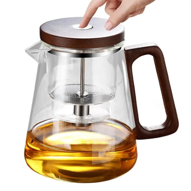 800ML Teapot with Strainer Loose Tea Steeper Tea Glass with Press Control Infuser Wooden Handle Teapot