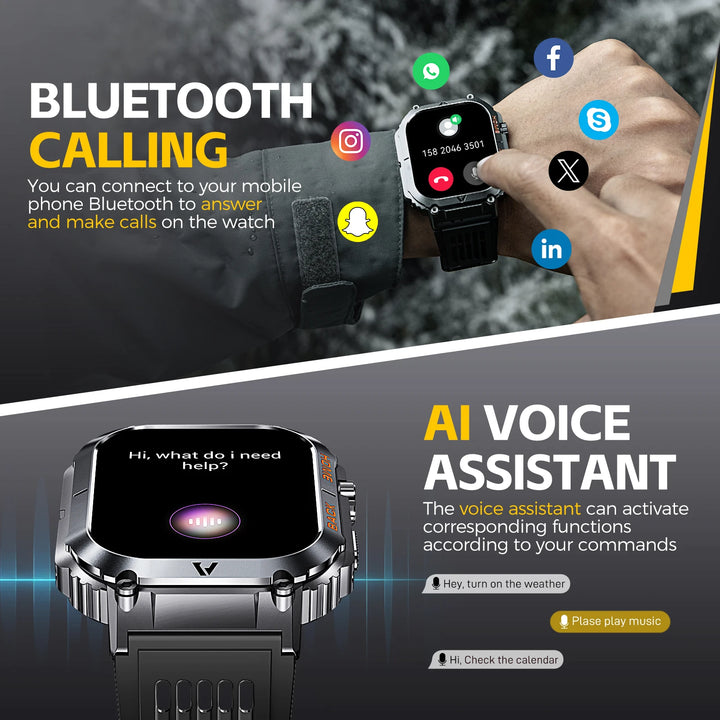LaNikar Smart Watch 5ATM Waterproof Men Military Heart Rate Blood Pressure Blood Oxygen 2.02''TFT With Compass 100+ Sports Mode