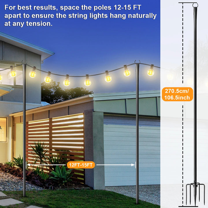 2/4/6 Pack String Light Poles for Outside Garden, Adjustable Heavy-Duty Metal lamp stand for Outdoor String Lights with Fork