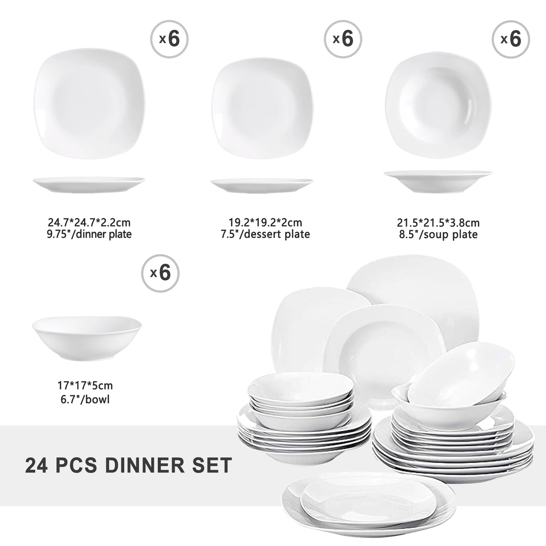 MALACASA Elisa 24-Piece Ceramic Porcelain Tableware Dinner Set Cereal Bowls Soup Dessert Plate Dinnerware Serive for 6 Person