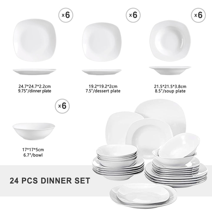 MALACASA Elisa 24-Piece Ceramic Porcelain Tableware Dinner Set Cereal Bowls Soup Dessert Plate Dinnerware Serive for 6 Person