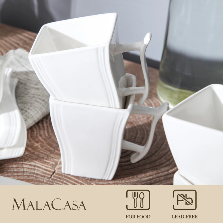 MALACASA, Series Flora, 6-Piece 11.5 OZ Ivory White Porcelain Cups 4.5" China Ceramic Cream White Square Mugs