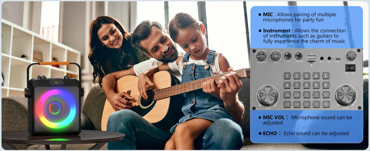 2 Wireless Microphones T19-T Karaoke Machine | Black Karaoke Speaker With Treble/Bass Adjustment, Wireless Speaker PA System