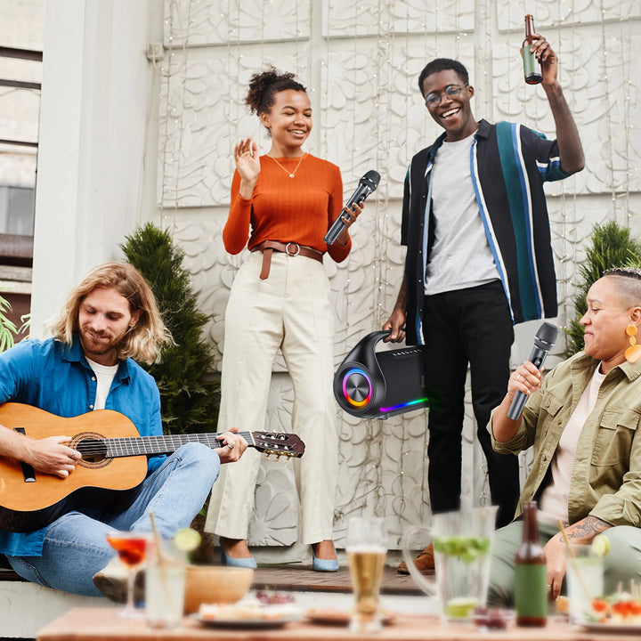 JYX Bluetooth Speaker, Portable Speaker with DJ Lights, Deep Subwoofer, Waterproof Outdoor Speaker with 2 Wireless Microphone