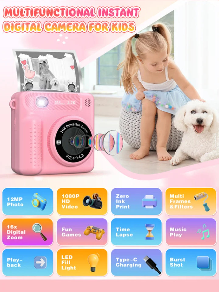 Kids Camera Instant Print 12MP 1080P Digital Camera Toddler HD Video Camera Print Photo Portable Toy Age 3+ Girl Christmas Gift