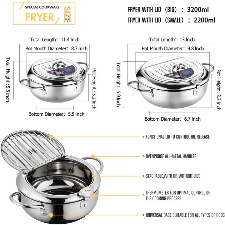 304 Stainless Steel Deep Fryer Pan with Thermometer Kitchen Tempura Deep Fryer Pot for Chicken French Fries Fish Shrimp