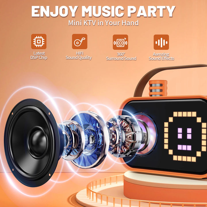 FanFun Bluetooth Speaker, Karaoke Machine for Kids, Portable Speaker with Microphone, 15 Animated Mode, 4 Funny Magic Voices