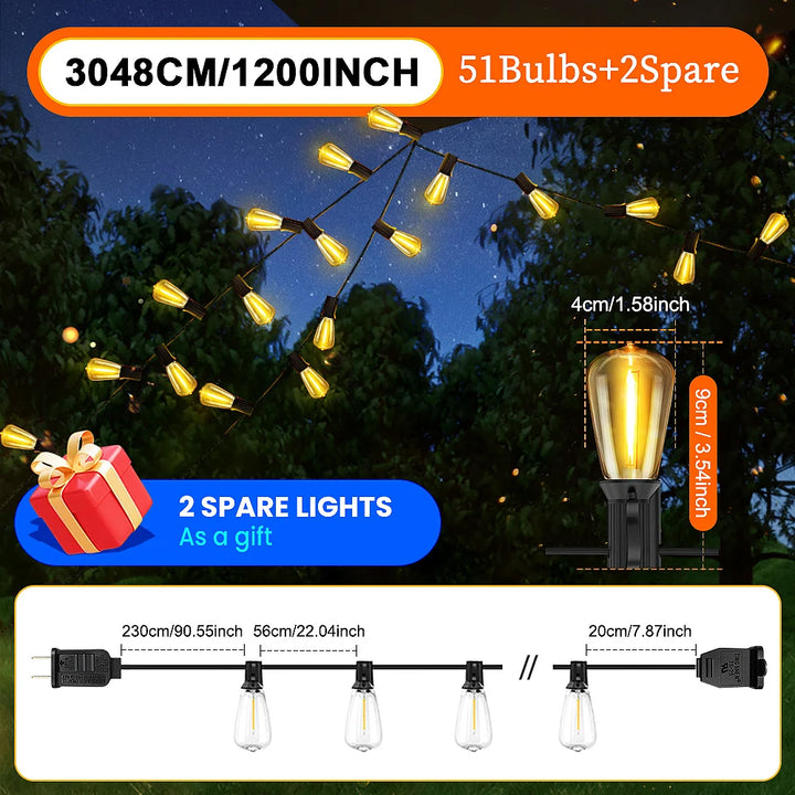 ST38 LED Outdoor Patio String Lights With US Plug, Shatterproof Bulb, Waterproof Hanging Lamp Connectable for Porch, Backyard