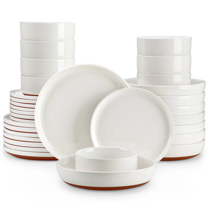 MALACASA TARA 16/32 Piece Stoneware Dinnerware Set Mix-Color Sesame Layered Glaze with 6PCS Dinner plate/Dessert plate/Soup/Bowl