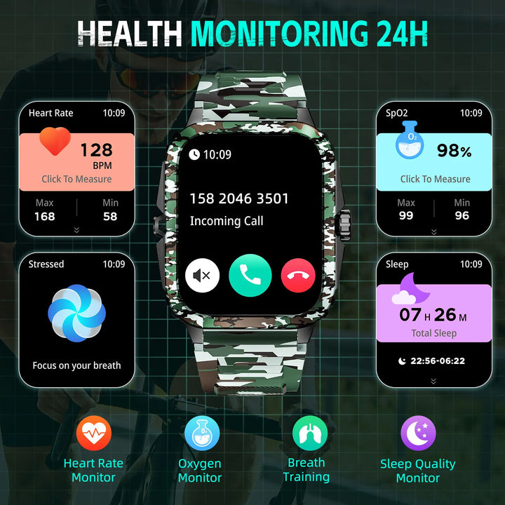 EIGIIS New Smart Watch 3ATM Waterproof Men 1.96" KT71 Fitness Tracker Heart Rate Bluetooth Call Camouflage Color Original Design
