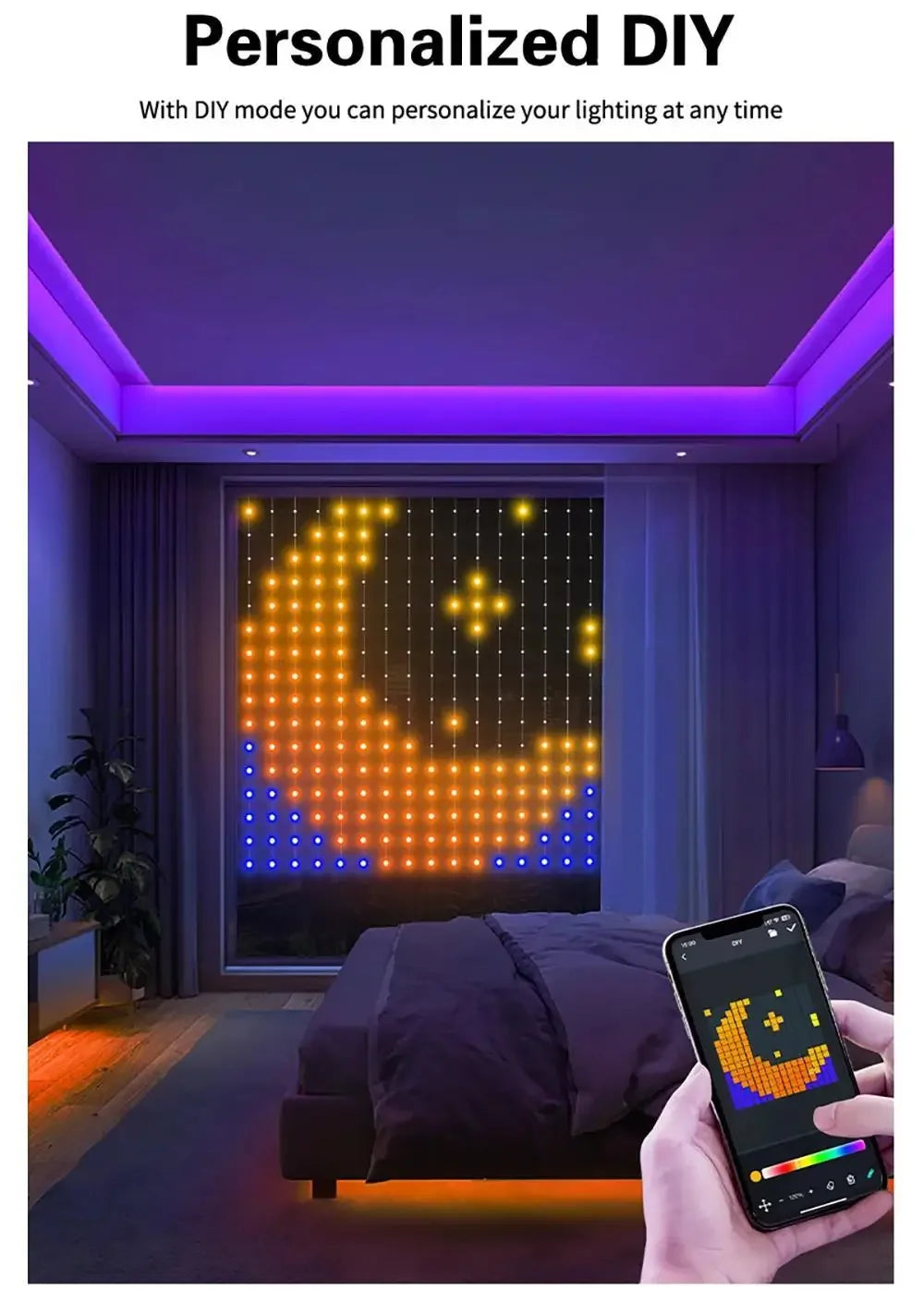 Smart LED Curtain Lights RGB APP Control DIY Text and Pattern 400LEDs Hanging Fairy String Lights Curtain Home Room Decor