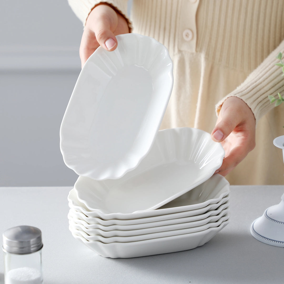 MALACASA Regular 8-Piece 7.75" Ceramic White Porcelain Breakfast Tray Dinner Plate Dessert Plate Cake Potato Chip Snack Dishes