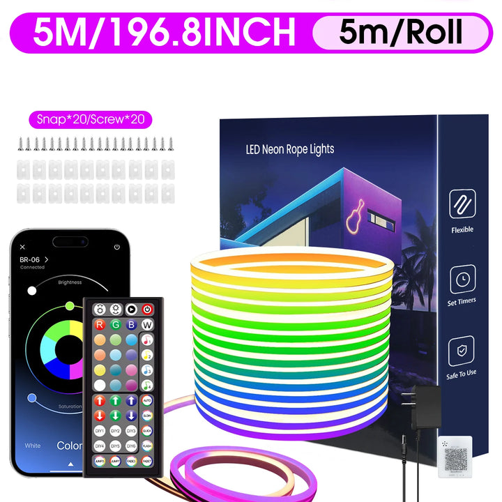 Outdoor Neon LED Rope Lights,  LED Lights For Bedroom Flexible LED Light Strip With Remote And APP Control RGB Lighting Strip