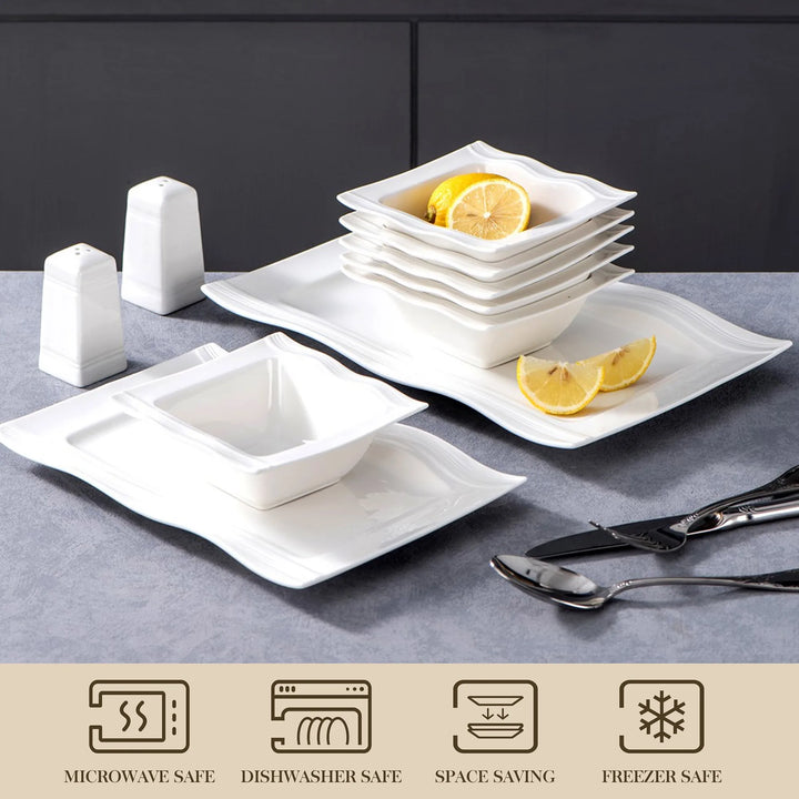 MALACASA Square Dinnerware Sets 28 Piece White Porcelain Plates and Bowls Set Salt Pepper Pot Salad Pasta Bowls Dinner Set