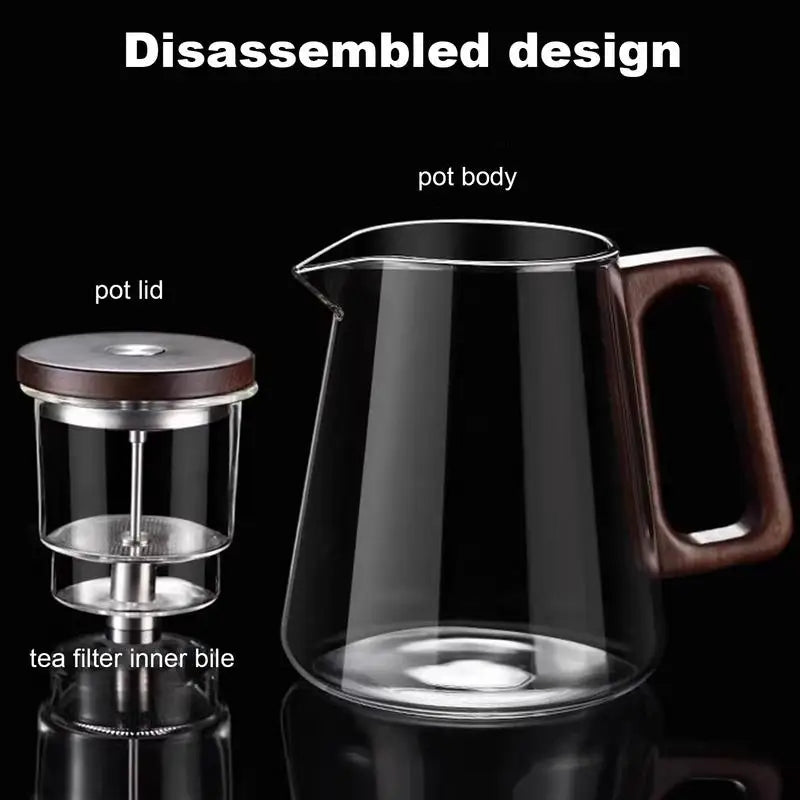 800ML Teapot with Strainer Loose Tea Steeper Tea Glass with Press Control Infuser Wooden Handle Teapot