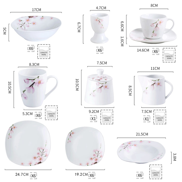 VEWEET ANNIE 50/100-Piece Porcelain Dinner Set with Egg Cup,Cup&Saucer,Mug,Dessert&Soup&Dinner Plate,Bowl,Milk Jug,Sugar Pot Set