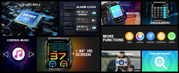 LaNikar Smart Watch 3ATM Waterproof 1.96" IPS Screen Military KT71 Men 100+ Sport Mode Heart Rate Blood Pressure Bluetooth Call
