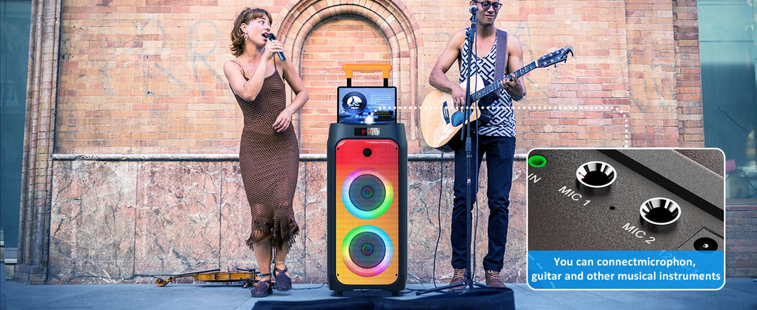 FanFun Large Bluetooth Speaker, Wireless Speaker with Wheels and Trolley Bar, Karaoke Machine with 2 Microphone, Karaoke Speaker