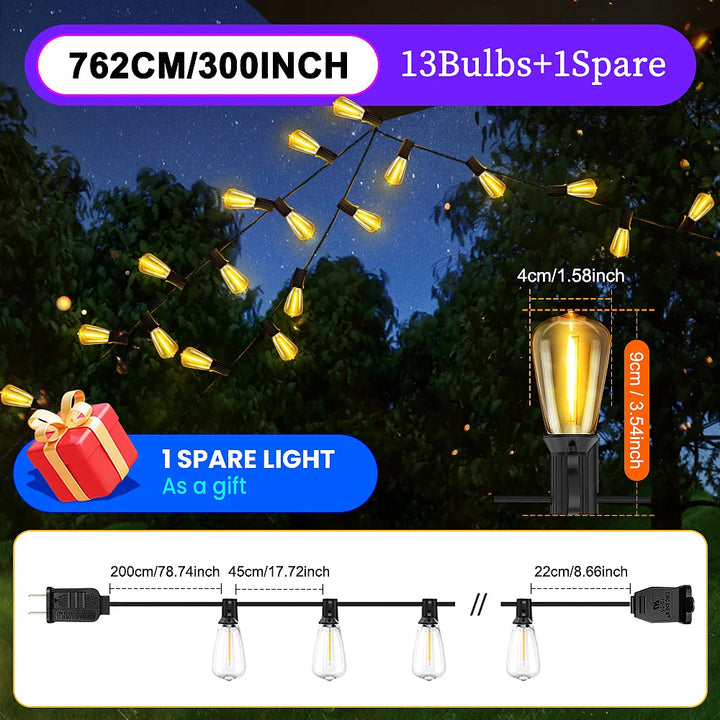 ST38 LED Outdoor Patio String Lights With US Plug, Shatterproof Bulb, Waterproof Hanging Lamp Connectable for Porch, Backyard